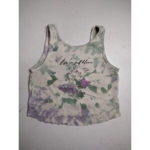 Urban Nation Women Green Purple Tie Dye Floral Ribbed Crop Tank Top Small